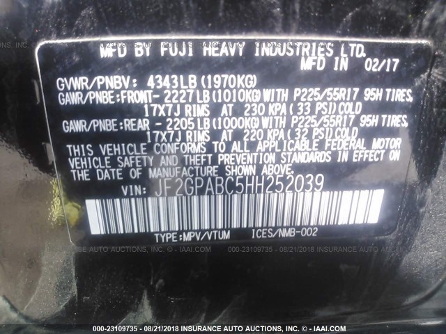 JF2GPABC5HH252039 - 2017 SUBARU CROSSTREK PREMIUM შავი ფოტო 9