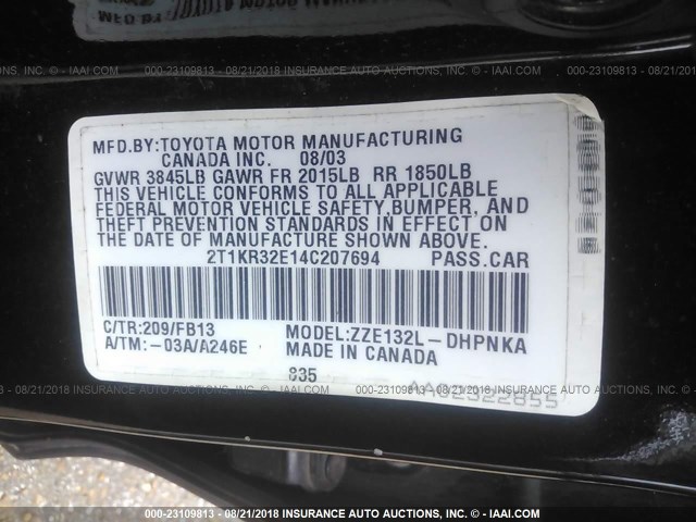 2T1KR32E14C207694 - 2004 TOYOTA COROLLA MATRIX XR BLACK photo 9