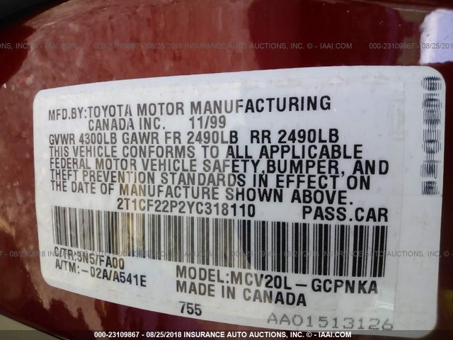 2T1CF22P2YC318110 - 2000 TOYOTA CAMRY SOLARA SE/SLE წითელი ფოტო 9