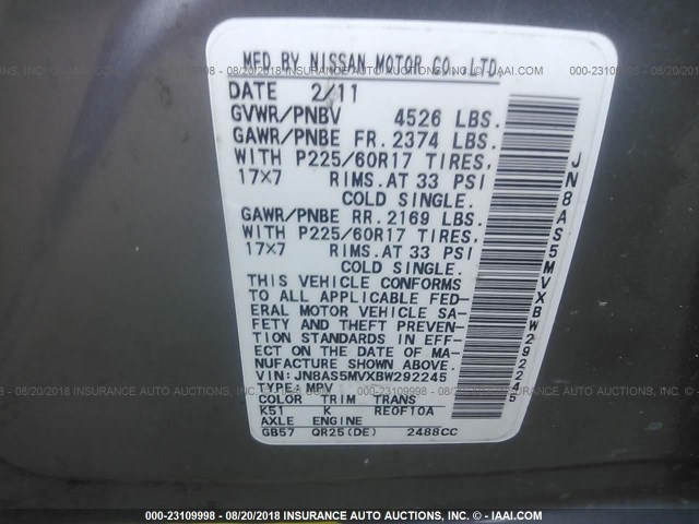 JN8AS5MVXBW292245 - 2011 NISSAN ROGUE S/SV/KROM GRAY photo 9