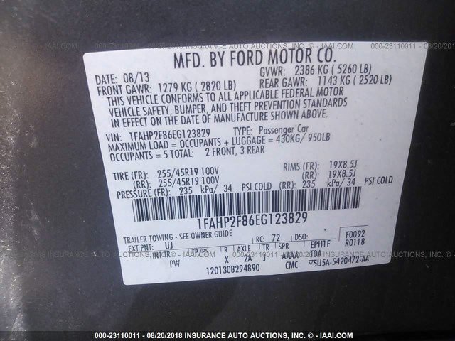 1FAHP2F86EG123829 - 2014 FORD TAURUS LIMITED GRAY photo 9