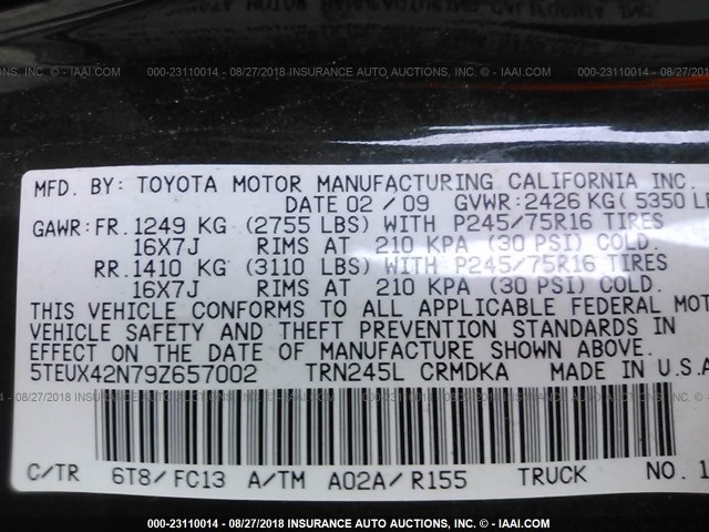 5TEUX42N79Z657002 - 2009 TOYOTA TACOMA ACCESS CAB GREEN photo 9