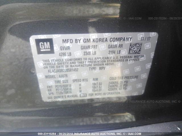 KL4CJASB2JB581452 - 2018 BUICK ENCORE PREFERRED Сұр фото 9