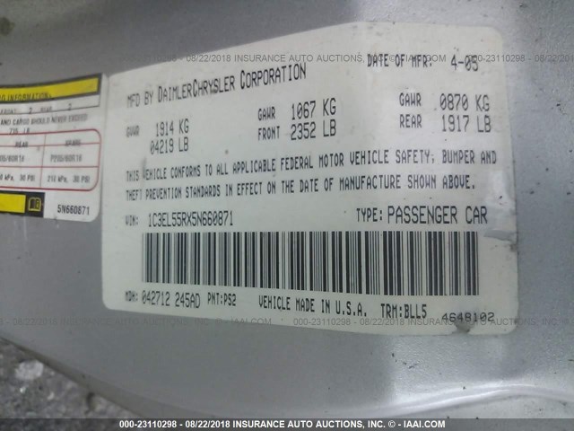 1C3EL55RX5N660871 - 2005 CHRYSLER SEBRING TOURING SILVER photo 9