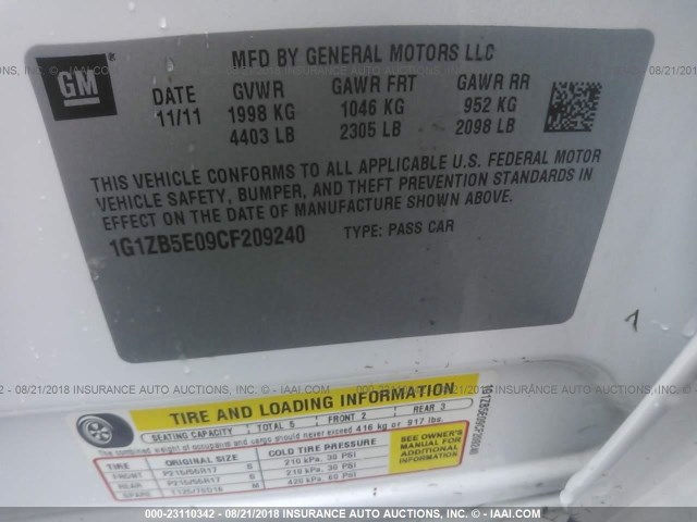 1G1ZB5E09CF209240 - 2012 CHEVROLET MALIBU LS Ağ foto 9