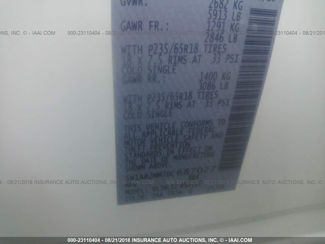 5N1AR2MM7DC687027 - 2013 NISSAN PATHFINDER S/SV/SL/PLATINUM WHITE photo 9