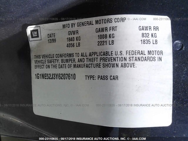 1G1NE52J3Y6207610 - 2000 CHEVROLET MALIBU LS Көк фото 9