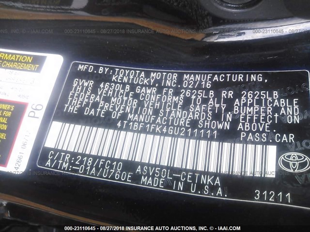 4T1BF1FK4GU211111 - 2016 TOYOTA CAMRY LE/XLE/SE/XSE 黑色 照片 9