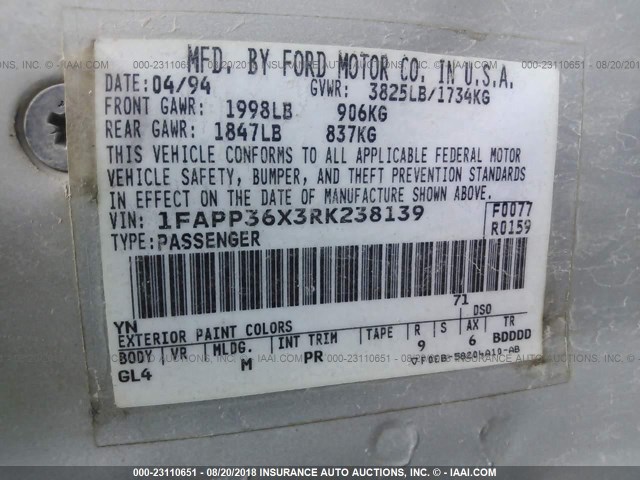 1FAPP36X3RK238139 - 1994 FORD TEMPO GL SILVER photo 9