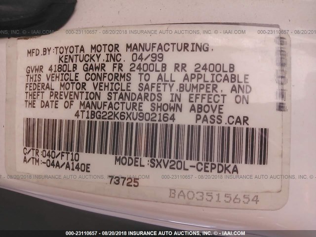 4T1BG22K6XU902164 - 1999 TOYOTA CAMRY CE/LE/XLE 白色 照片 9