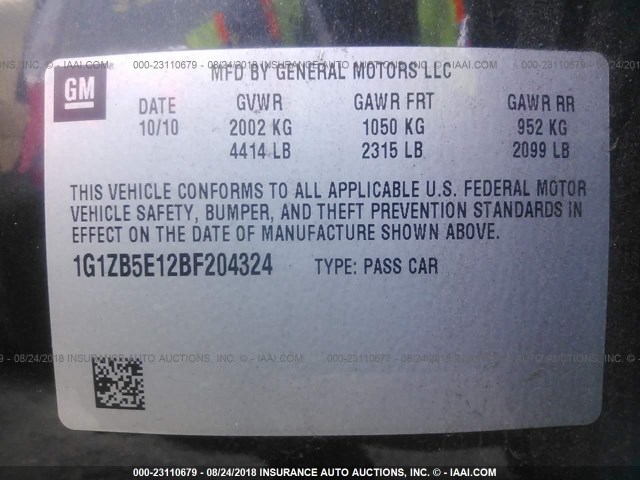 1G1ZB5E12BF204324 - 2011 CHEVROLET MALIBU LS Qara foto 9