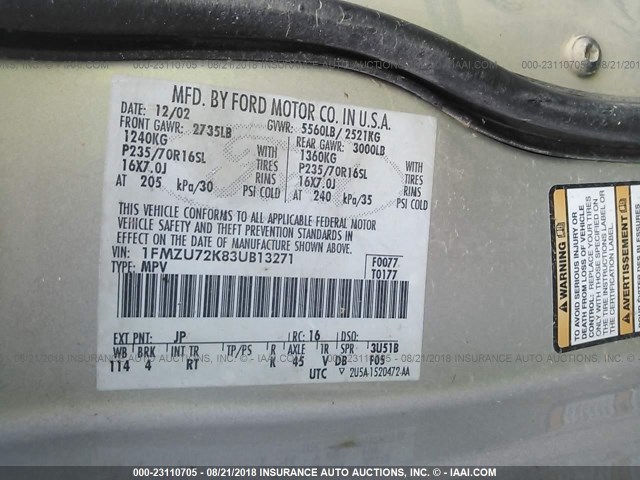 1FMZU72K83UB13271 - 2003 FORD EXPLORER XLS/XLS SPORT GRAY photo 9