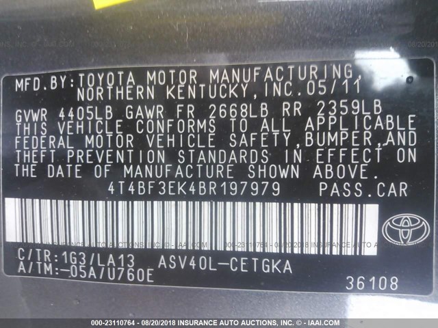 4T4BF3EK4BR197979 - 2011 TOYOTA CAMRY SE/LE/XLE 灰色 照片 9