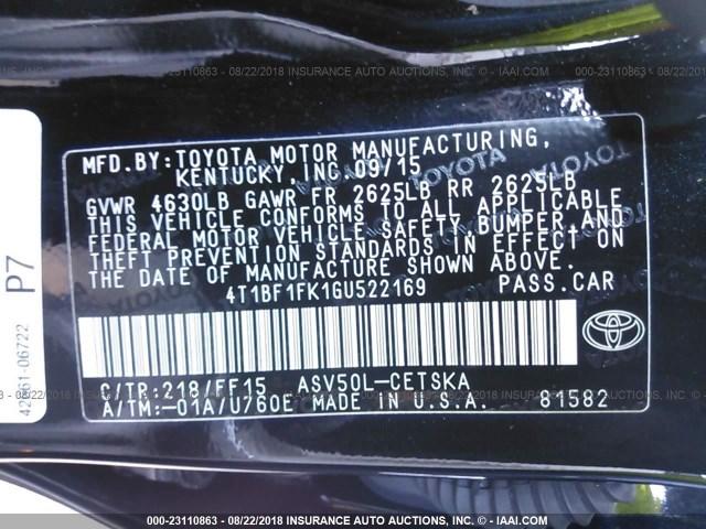 4T1BF1FK1GU522169 - 2016 TOYOTA CAMRY LE/XLE/SE/XSE 黑色 照片 9