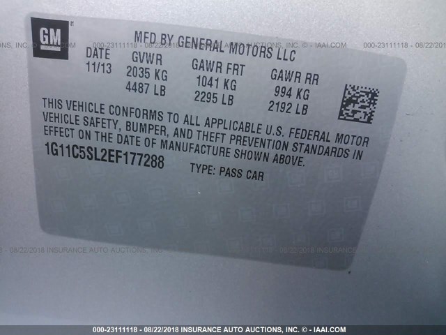 1G11C5SL2EF177288 - 2014 CHEVROLET MALIBU 1LT SILVER photo 9