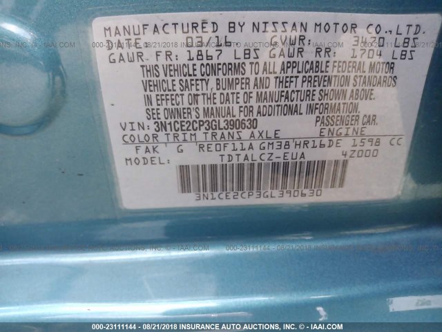 3N1CE2CP3GL390630 - 2016 NISSAN VERSA NOTE S/S PLUS/SV/SL/SR TEAL photo 9