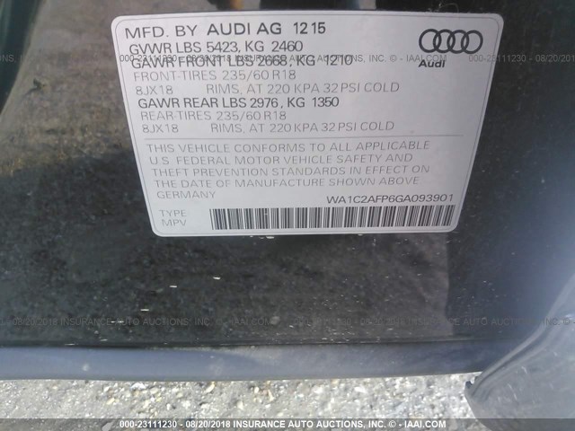 WA1C2AFP6GA093901 - 2016 AUDI Q5 PREMIUM BLACK photo 9