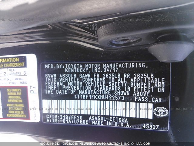 4T1BF1FKXHU422573 - 2017 TOYOTA CAMRY LE/XLE/SE/XSE 黑色 照片 9