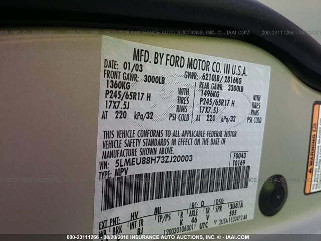 5LMEU88H73ZJ20003 - 2003 LINCOLN AVIATOR 棕色 照片 9