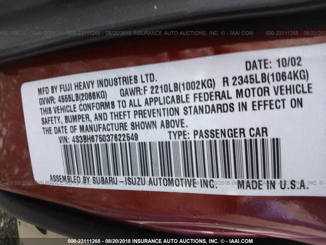 4S3BH675037622549 - 2003 SUBARU LEGACY OUTBACK AWP 红色 照片 9