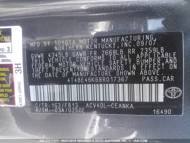 4T4BE46K68R017367 - 2008 TOYOTA CAMRY CE/LE/XLE/SE GRAY photo 9