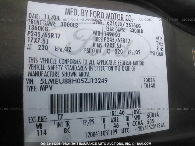 5LMEU88H05ZJ13249 - 2005 LINCOLN AVIATOR GRAY photo 9