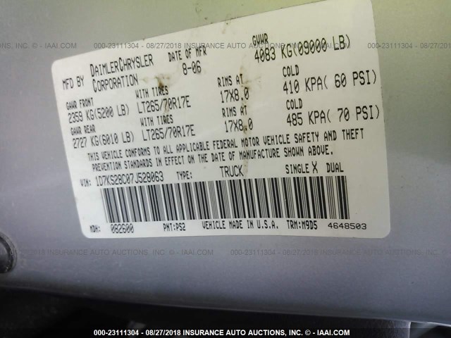 1D7KS28C07J528063 - 2007 DODGE RAM 2500 ST/SLT 银色 照片 9