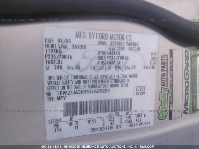 1FMZU63K95UA09285 - 2005 FORD EXPLORER XLT/XLT SPORT/NBX 银色 照片 9