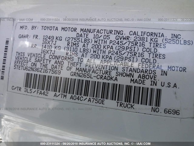 5TETU62N36Z167569 - 2006 TOYOTA TACOMA PRERUNNER ACCESS CAB WHITE photo 9