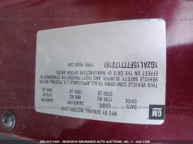 1G2AL15F777172191 - 2007 PONTIAC G5 MAROON photo 9