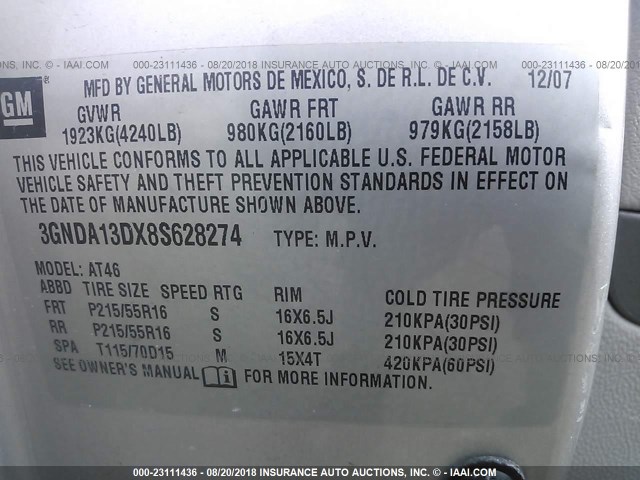 3GNDA13DX8S628274 - 2008 CHEVROLET HHR LS Plata foto 9