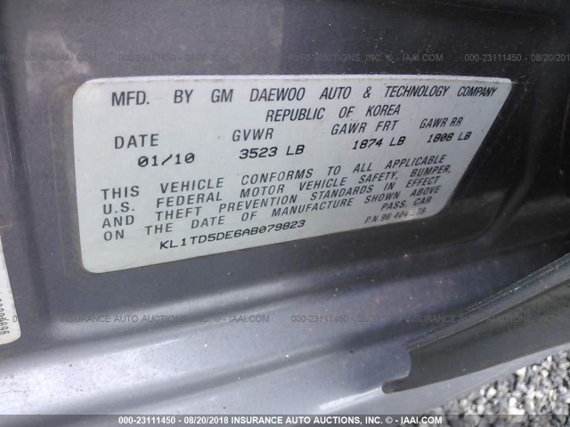 KL1TD5DE6AB079823 - 2010 CHEVROLET AVEO LS/LT 灰色 照片 9