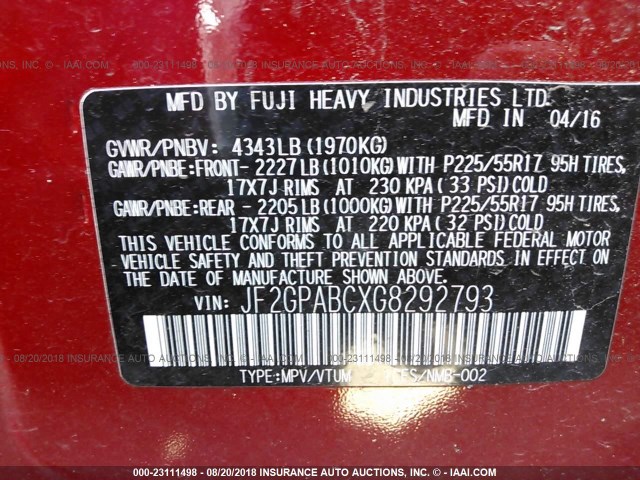 JF2GPABCXG8292793 - 2016 SUBARU CROSSTREK PREMIUM წითელი ფოტო 9