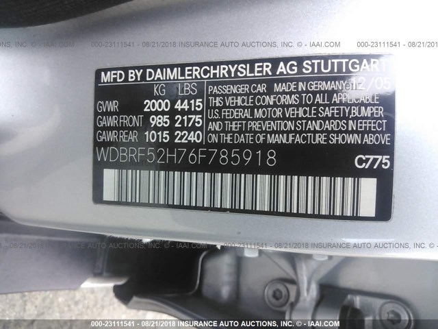 WDBRF52H76F785918 - 2006 MERCEDES-BENZ C GENERATION 2006 230 GRAY photo 9