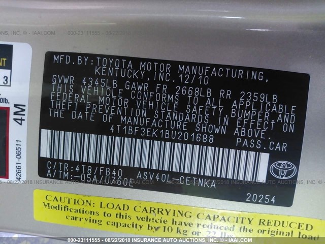 4T1BF3EK1BU201688 - 2011 TOYOTA CAMRY SE/LE/XLE GOLD photo 9