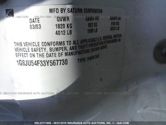 1G8JU54F33Y567730 - 2003 SATURN L200 WHITE photo 9