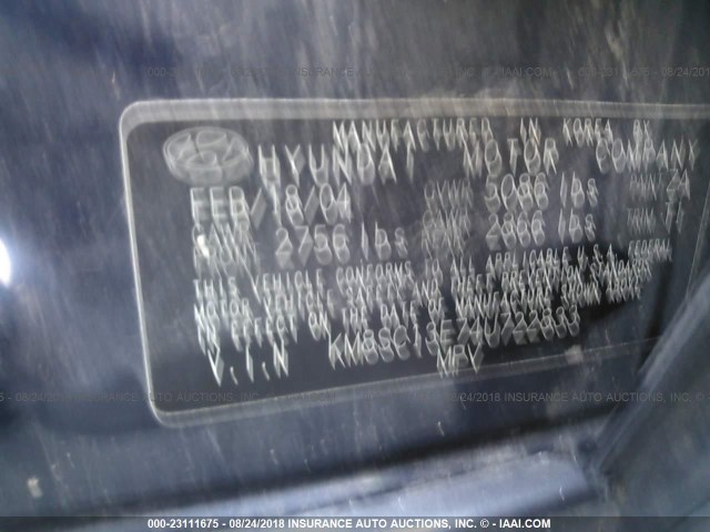 KM8SC13E74U722833 - 2004 HYUNDAI SANTA FE BLUE photo 9