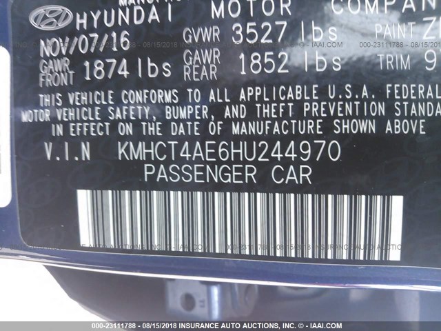 KMHCT4AE6HU244970 - 2017 HYUNDAI ACCENT SE BLUE photo 9