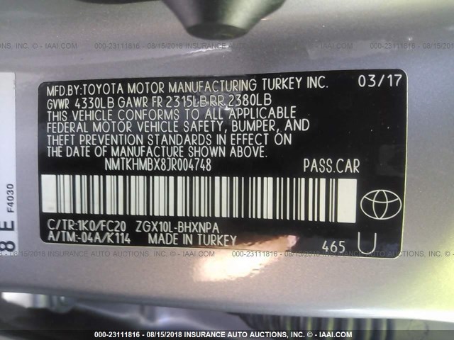 NMTKHMBX8JR004748 - 2018 TOYOTA C-HR XLE/XLE PREMIUM GRAY photo 9