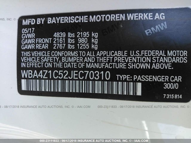 WBA4Z1C52JEC70310 - 2018 BMW 430I WHITE photo 9