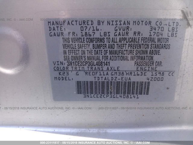 3N1CE2CP3GL408141 - 2016 NISSAN VERSA NOTE S/S PLUS/SV/SL/SR SILVER photo 9