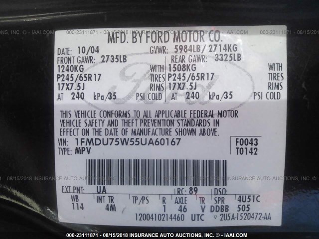 1FMDU75W55UA60167 - 2005 FORD EXPLORER LIMITED BLACK photo 9