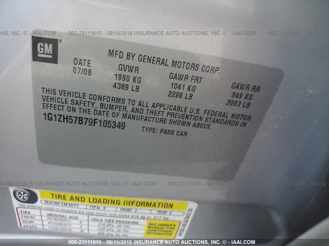 1G1ZH57B79F105349 - 2009 CHEVROLET MALIBU 1LT 银色 照片 9