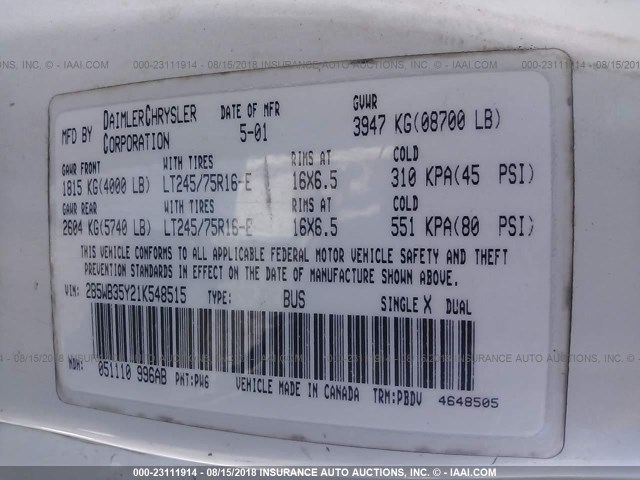 2B5WB35Y21K548515 - 2001 DODGE RAM WAGON B3500 WHITE photo 9