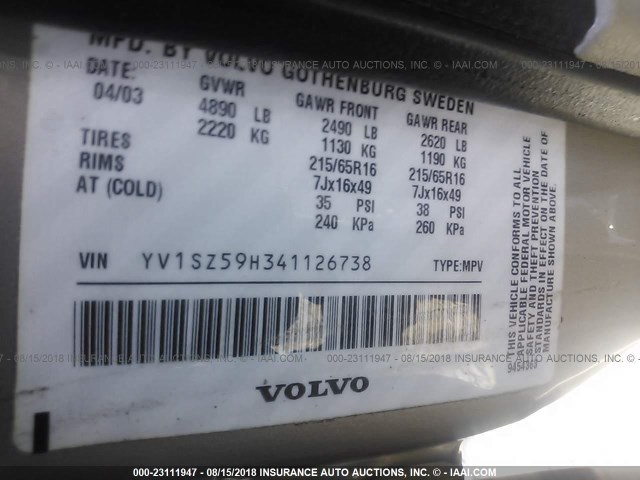 YV1SZ59H341126738 - 2004 VOLVO XC70 Champagne photo 9