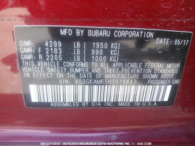 4S3GKAM65H3618647 - 2017 SUBARU IMPREZA SPORT RED photo 9