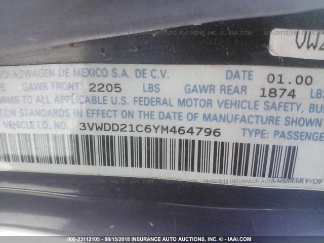 3VWDD21C6YM464796 - 2000 VOLKSWAGEN NEW BEETLE BLUE photo 9