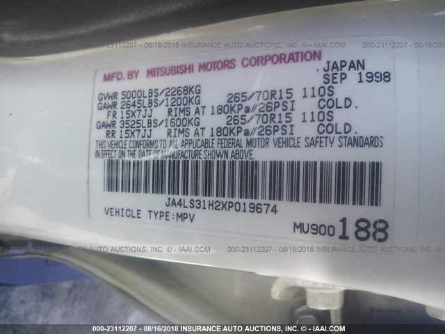 JA4LS31H2XP019674 - 1999 MITSUBISHI MONTERO SPORT LS/SPORT XLS WHITE photo 9