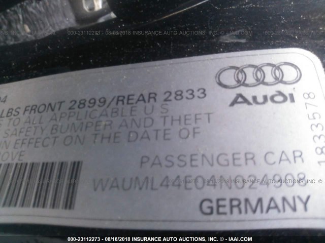 WAUML44E04N024908 - 2004 AUDI A8 L QUATTRO BLACK photo 9