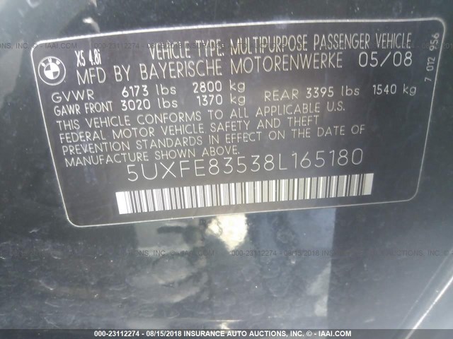 5UXFE83538L165180 - 2008 BMW X5 4.8I BLACK photo 9